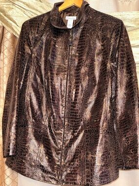 Kim Rogers Metallic Croc-Embossed Brown Zip Front Jacket